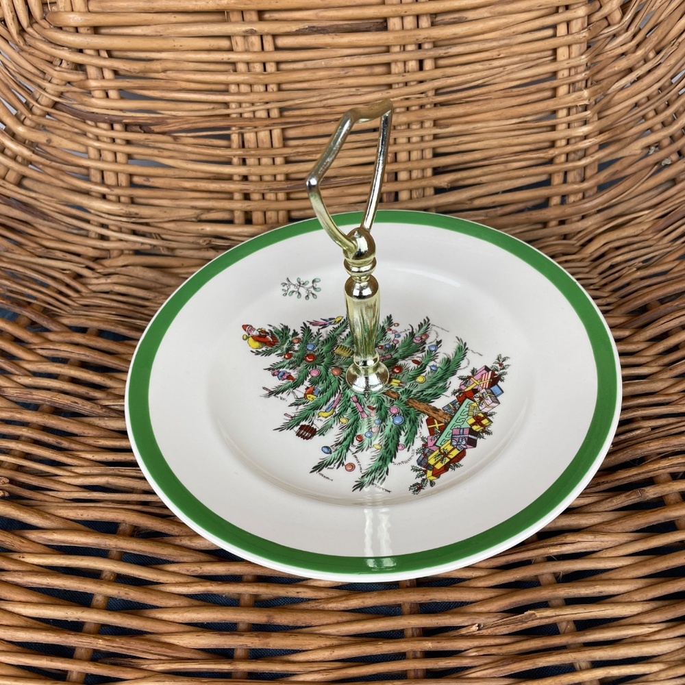 SPODE Christmas Tree Tid Bit Plate with Center Handle Cookie Plate